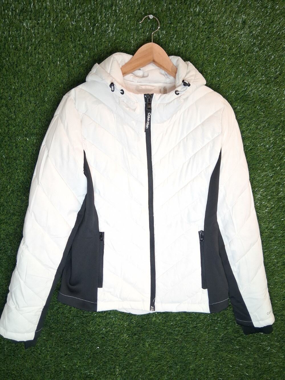 Calvin Klein Women's Side-Panel Hooded Packable Puffer Coat White/Black Size M